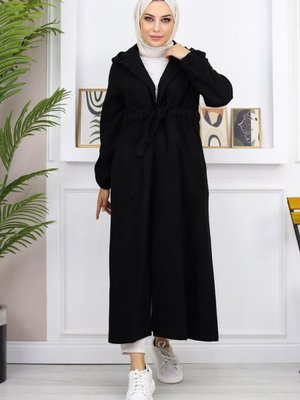 Önden Bağlamalı Kaşe Kaban Siyah Önden Bağlamalı Kaşe Kaban Siyah