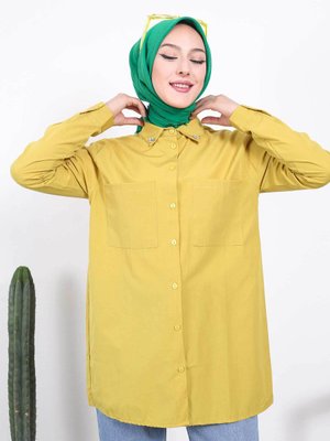Yağ Yeşili Yaka Taşlı Cepli Gömlek