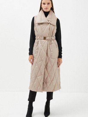 Kapitone Bej Uzun Şişme Yelek Y