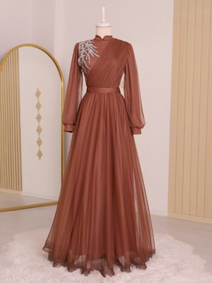 Önü Taş Detaylı Drapeli Kemerli Tül Abiye Elbise Önü Taş Detaylı Drapeli Kemerli Tül Abiye Elbise