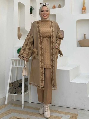 Etnik Desen Cep Detaylı Triko Hırka Vizon