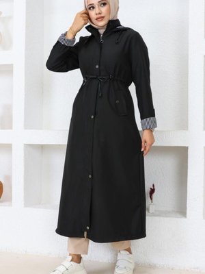 7010 Uzun Tesettür Trençkot Siyah