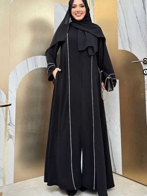 Çizgi Detaylı Boydan Fermuarlı Tam Boy Ferace Bym11 Siyah