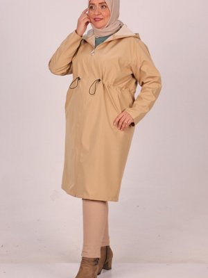 Bej Büyük Beden Fermuarlı Bondit Kap