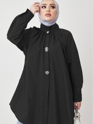 Oversize Siyah Taş Detay Gömlek Oversize Siyah Taş Detay Gömlek