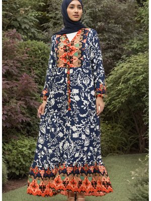 Desenli Viskon Elbise Lacivert