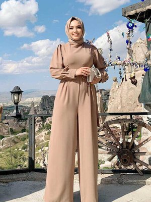 Arka Kısım Parça Detay Bel Kuşaklı Kol Manşetli Tulum Vizon