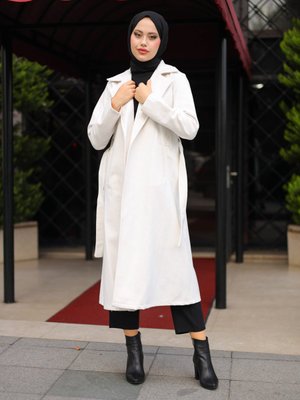 Ekru Kuşaklı Kaşe Kap Ekru Kuşaklı Kaşe Kap