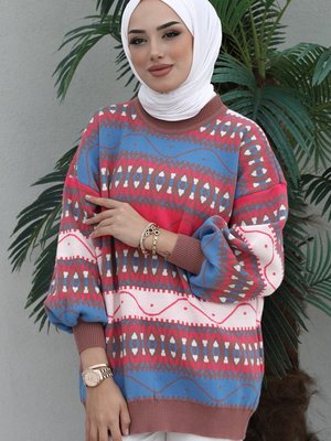 Modest Triko Desenli Salaş Kışlık Şık Balon Kollu Tarz Kazak Tunik Modest Triko Desenli Salaş Kışlık Şık Balon Kollu Tarz Kazak Tunik