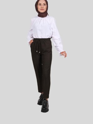 Haki Beli Lastikli Dar Paça Diagonel Pantolon Haki Beli Lastikli Dar Paça Diagonel Pantolon