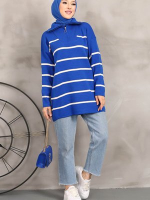 Saks Mavi Yaka Fermuarlı Çizgili Triko Tunik