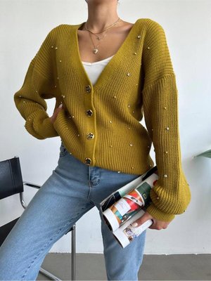 Taş Detaylı Triko Hırka Sarı Taş Detaylı Triko Hırka Sarı