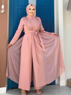 Şifon Pelerin Detay Bel Kuşaklı Tulum Pudra