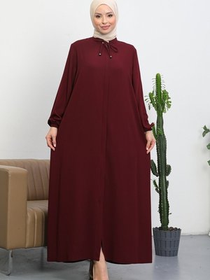 Mısra Kolları Lastikli Gizli Fermuarlı Ferace Bordo