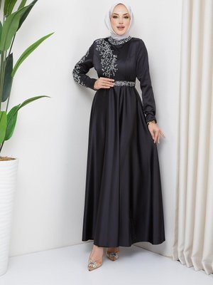 Liya Meç Süslemeli Saten Abiye Elbise Siyah