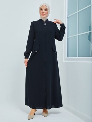 Önden Cepli Petek Kumaş Büyük Beden Siyah Ferace