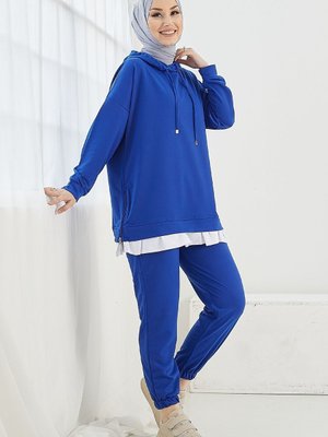 Losya Yanları Fermuarlı Kapüşonlu İkili Takım Saks Mavisi Losya Yanları Fermuarlı Kapüşonlu İkili Takım Saks Mavisi