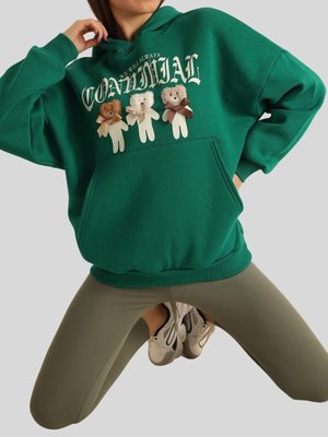 Yeşil Ayıcık Nakışlı Kapüşonlu Üç İplik Sweat