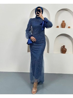 Ponponlu Simli Kalem Kesim Abiye Elbise