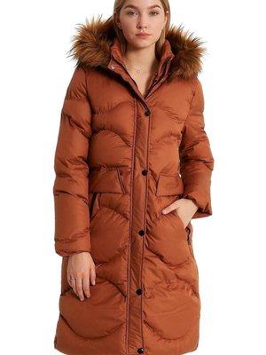 Taba Kürklü Kapüşonlu Uzun Şişme Mont Taba Kürklü Kapüşonlu Uzun Şişme Mont