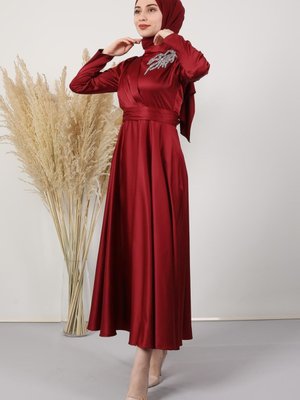 Omzu Taşlı Sate Abiye Elbise Bordo Omzu Taşlı Sate Abiye Elbise Bordo