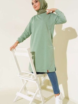 Yanları Yırtmaçlı Basic Uzun Tunik Mint Yeşili