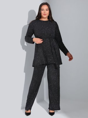Bağlama Detaylı Büyük Beden Simli Takım - Siyah Sim -