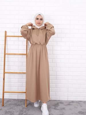 Kapişonlu Krem Spor Elbise