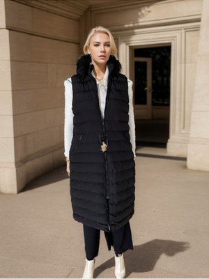 Siyah Kürk Kapüşonlu Kemerli Şişme Yelek