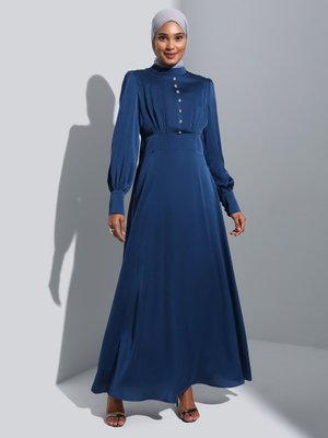 Lacivert Taş Düğme Detaylı Saten Abiye Elbise