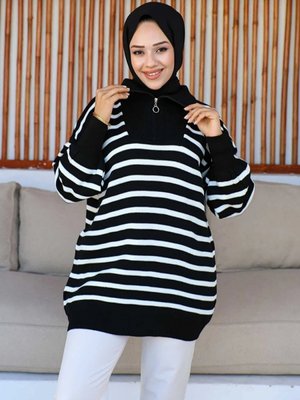 Fermuarlı Triko Çizgili Tunik