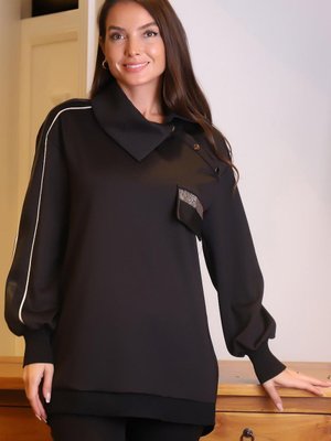 Siyah Geniş Yaka Cep Detaylı Tunik