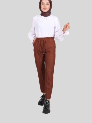 Kahve Beli Lastikli Dar Paça Diagonel Pantolon