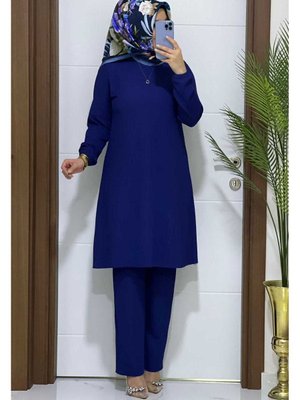 K İndigo Tunık Pantolon Takım Buyuk Beden Fitilli Linda Kumaş Yeni Sezon