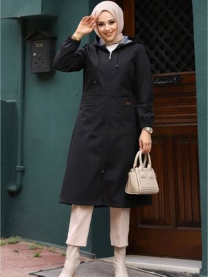 Kapüşonlu Cepli İçi Çizgi Desenli Trençkot