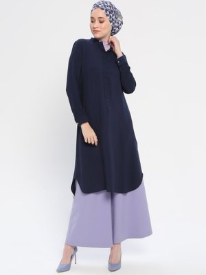 Lacivert Düğme Detaylı Tunik
