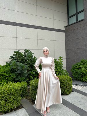 Bej Tesettür Abiye Elbise