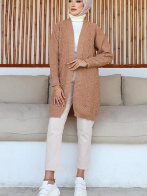 Kiraz Kabartmalı Triko Hırka Camel