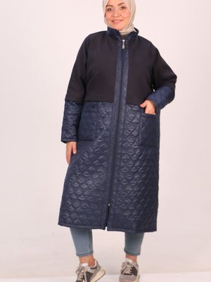 Lacivert Büyük Beden Kaşe Detaylı Kapitone Kaban