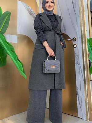 Kadın Gri (antresit) Kuşaklı Kaşe Yelek T