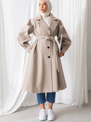 Kuşak Detaylı Gizli Cepli Oversize Cm Krem Rengi Kaşe Kumaş Kaban