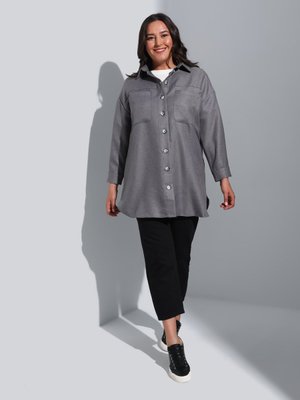 Koyu Gri Cep Detaylı Gömlek Yaka Büyük Beden Tunik