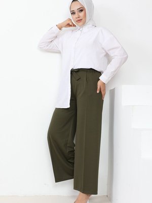 Meva Kemerli Bol Paça Pantolon Haki