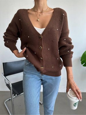 Taş Detaylı Triko Hırka Kahve Taş Detaylı Triko Hırka Kahve