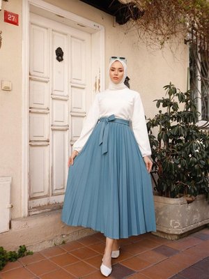 Kuşak Detaylı Piliseli Etek Mint