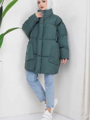 Oversize Torba Cep Şişme Mont Yeşil