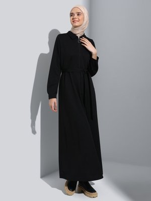 Siyah Fermuar Detaylı Şık Kuşaklı Kap / Pardesü