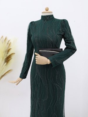 Desenli Simli Kemer Detaylı Tül Abiye Elbise Desenli Simli Kemer Detaylı Tül Abiye Elbise