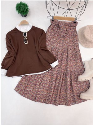 Kadın Çicek Desenli Etekli Takım