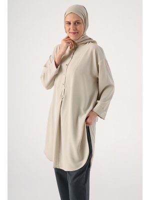 Taş Hakim Yaka Yırtmaçlı Kolu Katlama Detaylı Tunik